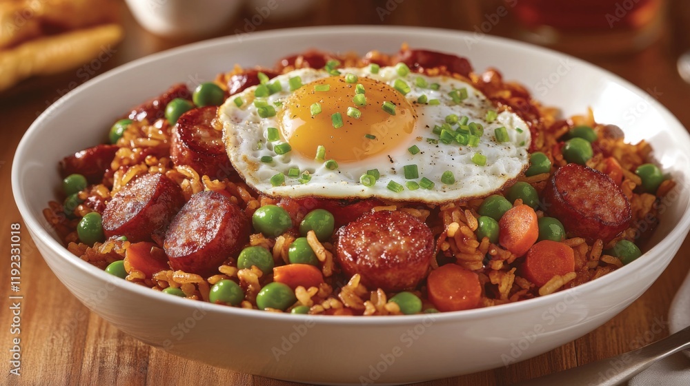 A bowl of American fried rice with sausages, carrots, peas, and a fried egg on top, garnished with green onions, served on a wooden table A bowl of American fried rice with sausages, carrots, peas, and a fried egg on top, garnished with green onions, served on a wooden table