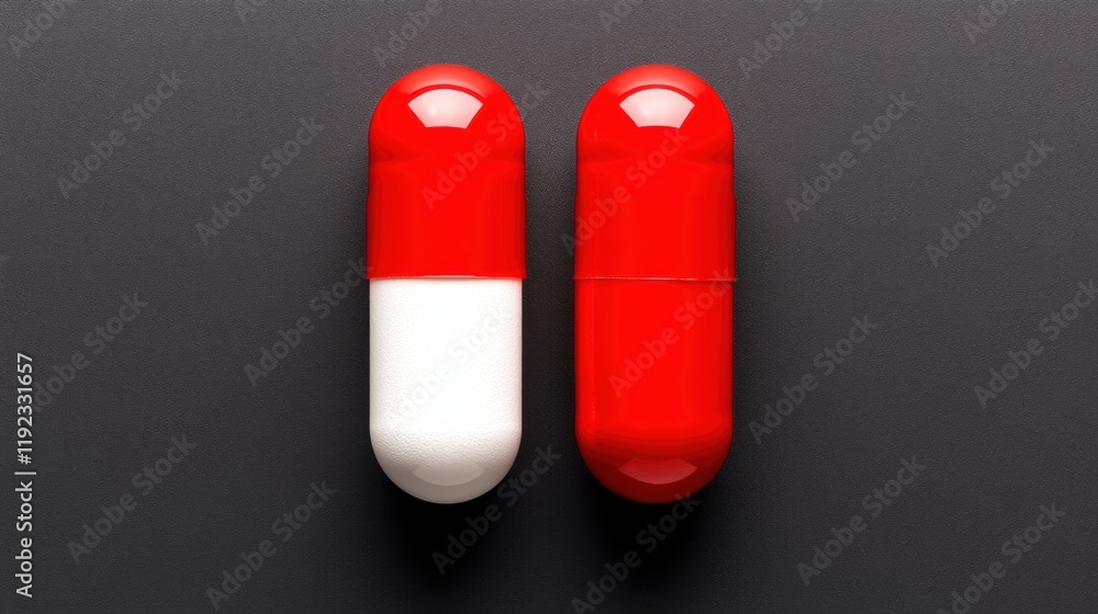 Red and White Capsules on Dark Surface Isolated Stock Photo Red and White Capsules on Dark Surface Isolated Stock Photo