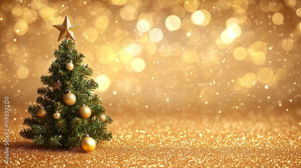Festive Christmas Tree with Decorations and Glittering Background Festive Christmas Tree with Decorations and Glittering Background