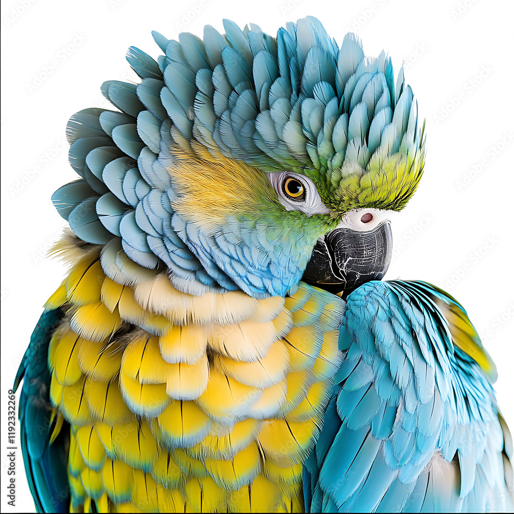 Fototapeta premium A vibrant green parrot with detailed feathers isolated on white background.PNG