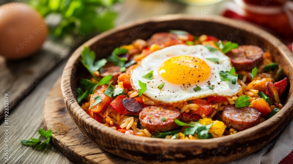 A close-up of American fried rice with pieces of sausage, vegetables, and a fried egg on top, served on a rustic wooden plate with a simple side garnish A close-up of American fried rice with pieces of sausage, vegetables, and a fried egg on top, served on a rustic wooden plate with a simple side garnish