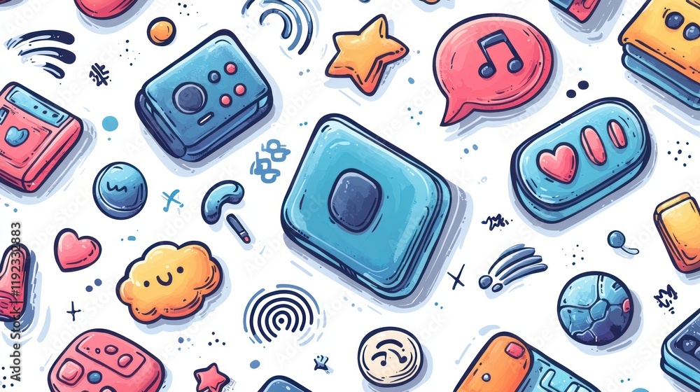 Fototapeta premium Colorful digital icons and symbols in a playful layout.