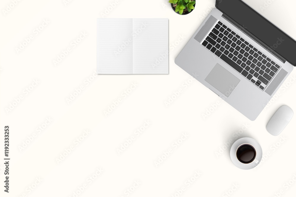 Modern workspace with copy space on white color background. Top view with copy space. Flat lay style.