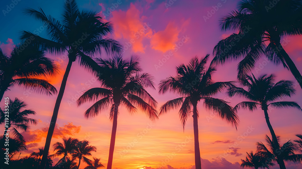 Obraz premium Palm Trees Silhouetted Against A Colorful Sunset, Featuring Brilliant Shades Of Pink And Purple In The Sky. Generative AI