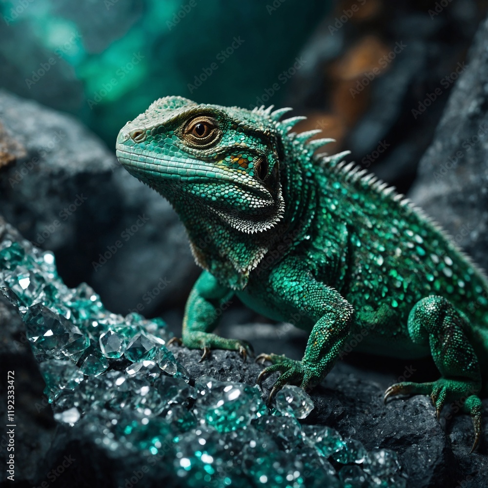 Obraz premium A lizard with emerald-green scales resting on a shimmering crystal in a fantasy cave.