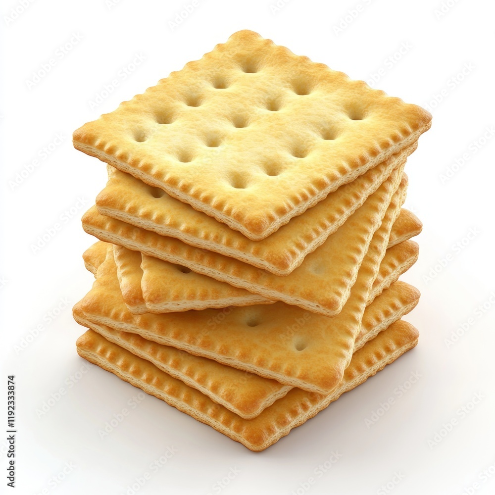 Stack of square, golden-brown crackers isolated on white background. Stack of square, golden-brown crackers isolated on white background.