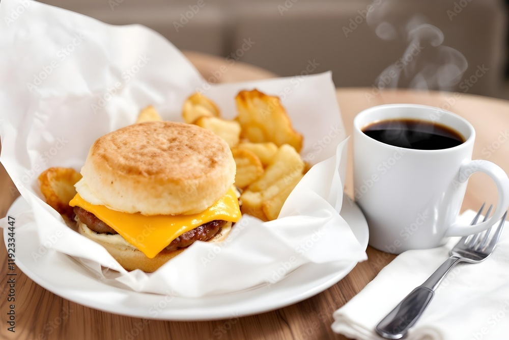 A breakfast fast food meal with a sausage, egg, and cheese muffin sandwich, golden hash browns, and a steaming cup of coffee A breakfast fast food meal with a sausage, egg, and cheese muffin sandwich, golden hash browns, and a steaming cup of coffee