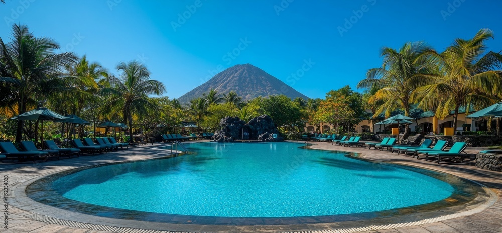 A pool with a mountain in the background A pool with a mountain in the background