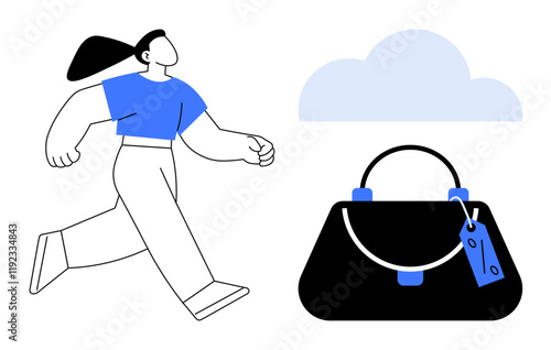 Woman walking purposefully toward a handbag under a cloud. Ideal for shopping, lifestyle, fashion, urban life, aspirations, consumerism, and brand promotion. Simple abstract line flat metaphor