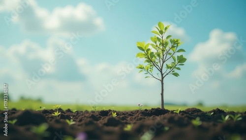 Green Tree Sapling Growing in Fertile Soil Representing Environmental Sustainability and Future Potential