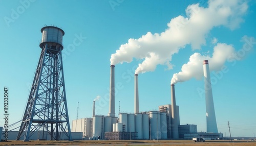 Power station with tall chimneys emitting smoke and a water tower against a clear blue sky, Industrial theme.