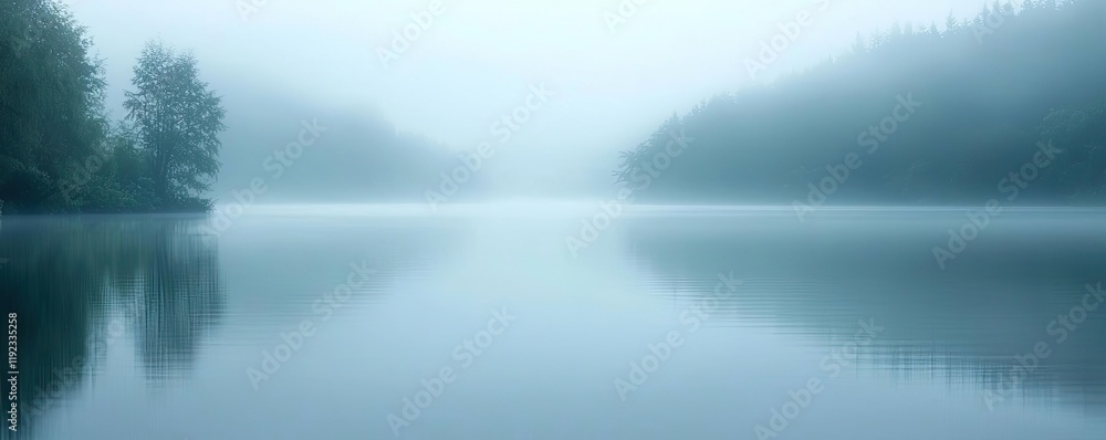 Blurred abstract background concept. Misty morning on a calm lake surrounded by trees, creating a serene and tranquil landscape. Blurred abstract background concept. Misty morning on a calm lake surrounded by trees, creating a serene and tranquil landscape.