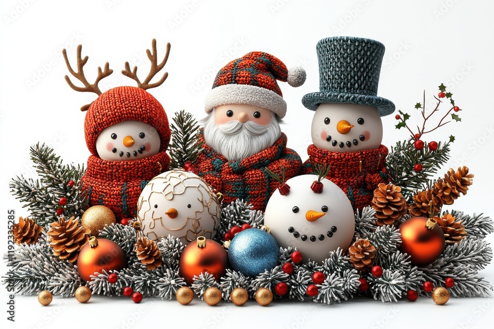 Obraz premium Festive Christmas tree with red and silver ornaments and snowman