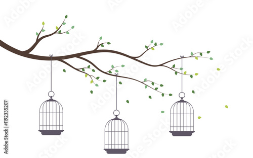 Bird cages on tree branch