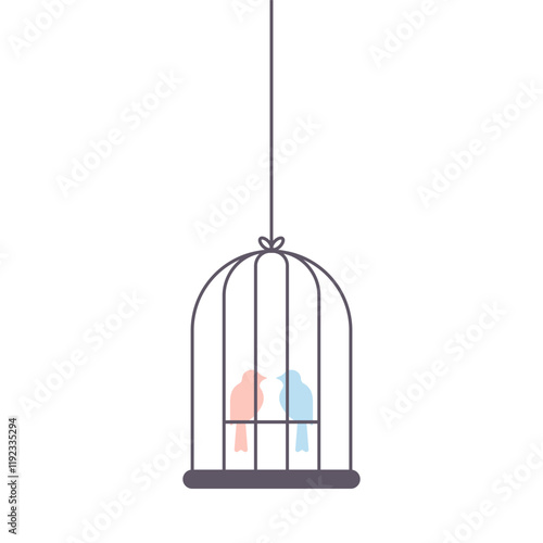 Bird in cage isolated on white background