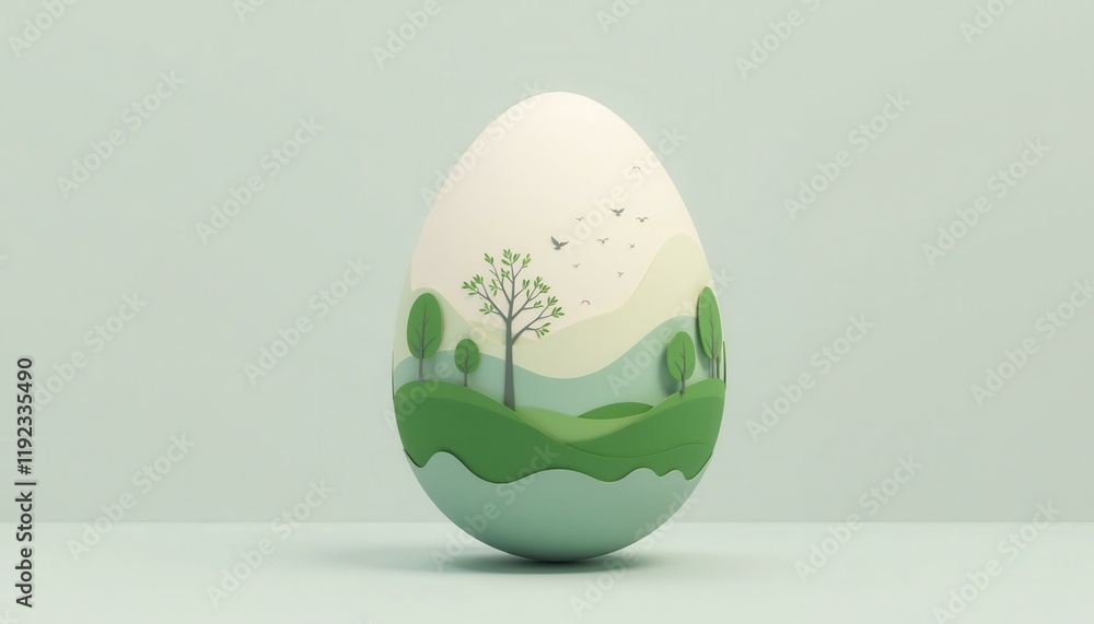 Pastel decorative egg with a layered nature scene, trees, rolling hills and flying birds, Easter concept. Pastel decorative egg with a layered nature scene, trees, rolling hills and flying birds, Easter concept.