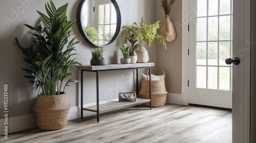 Gray luxury vinyl plank flooring and soft gray walls set the stage for a rustic farmhouse entryway with a console table, round mirror, and potted plants