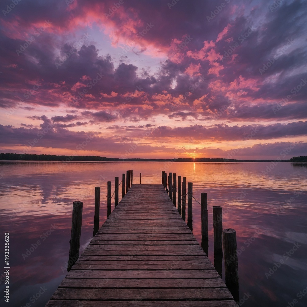 A sunset lake scene with pink and purple clouds and a wooden pier.
A sunset lake scene with pink and purple clouds and a wooden pier.