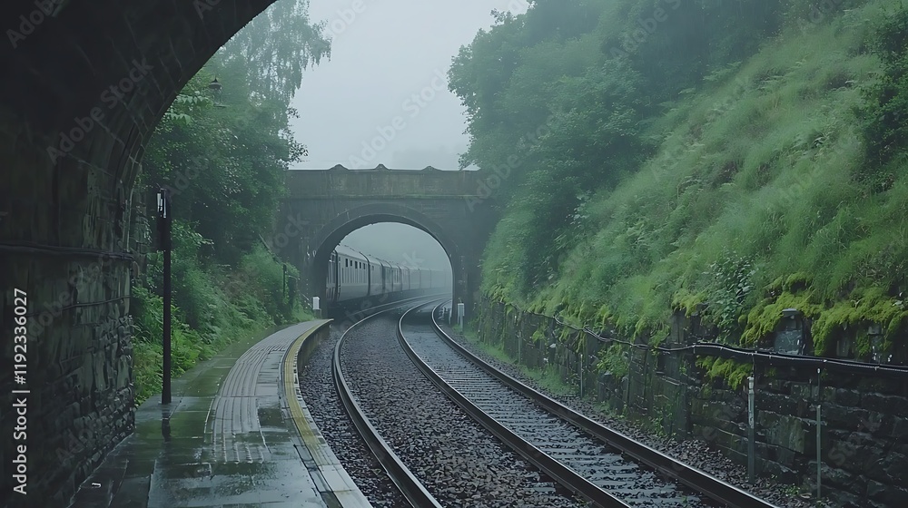 Fototapeta premium Rainy day train exiting tunnel, lush greenery, Scotland travel