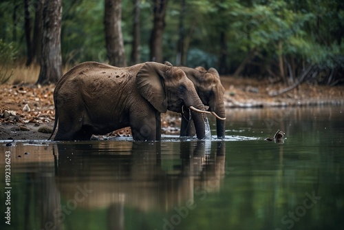 Elefants in a river drinking water photo