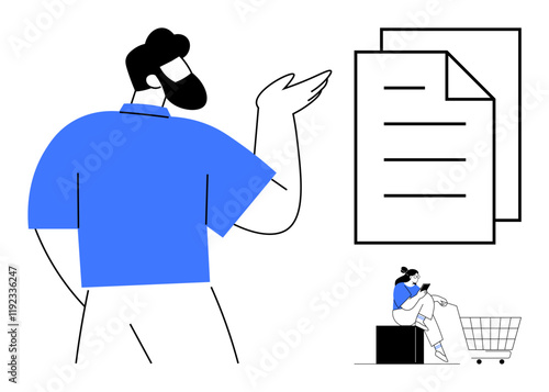 Wallpaper Mural Man gesturing towards documents, woman sitting on steps with a cart reading paper. Ideal for business, communication, presentations, shopping, consumer behavior, office life, digital content Torontodigital.ca
