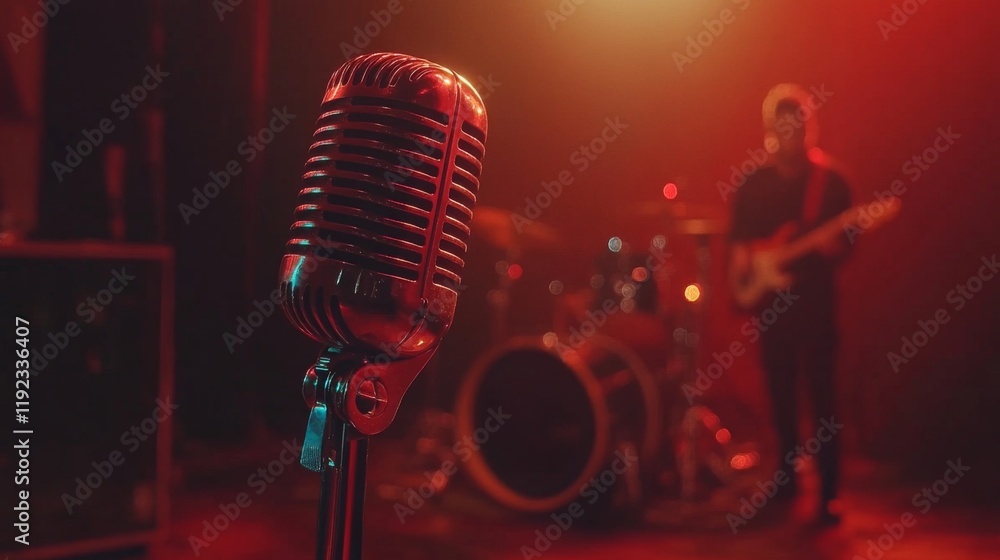 Fototapeta premium A close-up of a vintage-style microphone with a classic design, placed against a dark background, capturing its glossy metal finish and retro charm