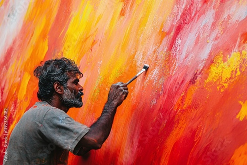 An indian artist painting a wall.