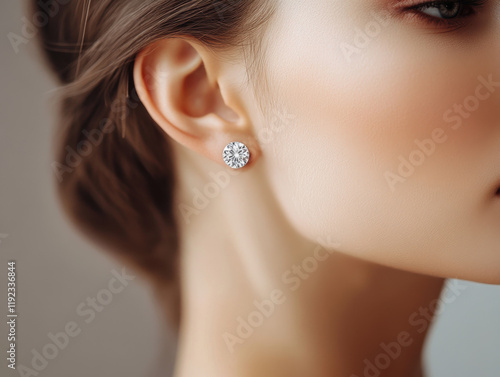 Close-up of a woman's ear adorned with a sparkling diamond stud earring. photo