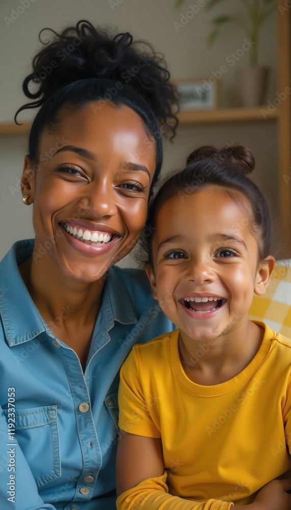 Mother and child smiling, yellow and blue clothes, indoors, Family Mother and child smiling, yellow and blue clothes, indoors, Family