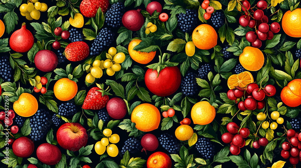 Vibrant assortment of fresh fruits displayed against a dark background Vibrant assortment of fresh fruits displayed against a dark background