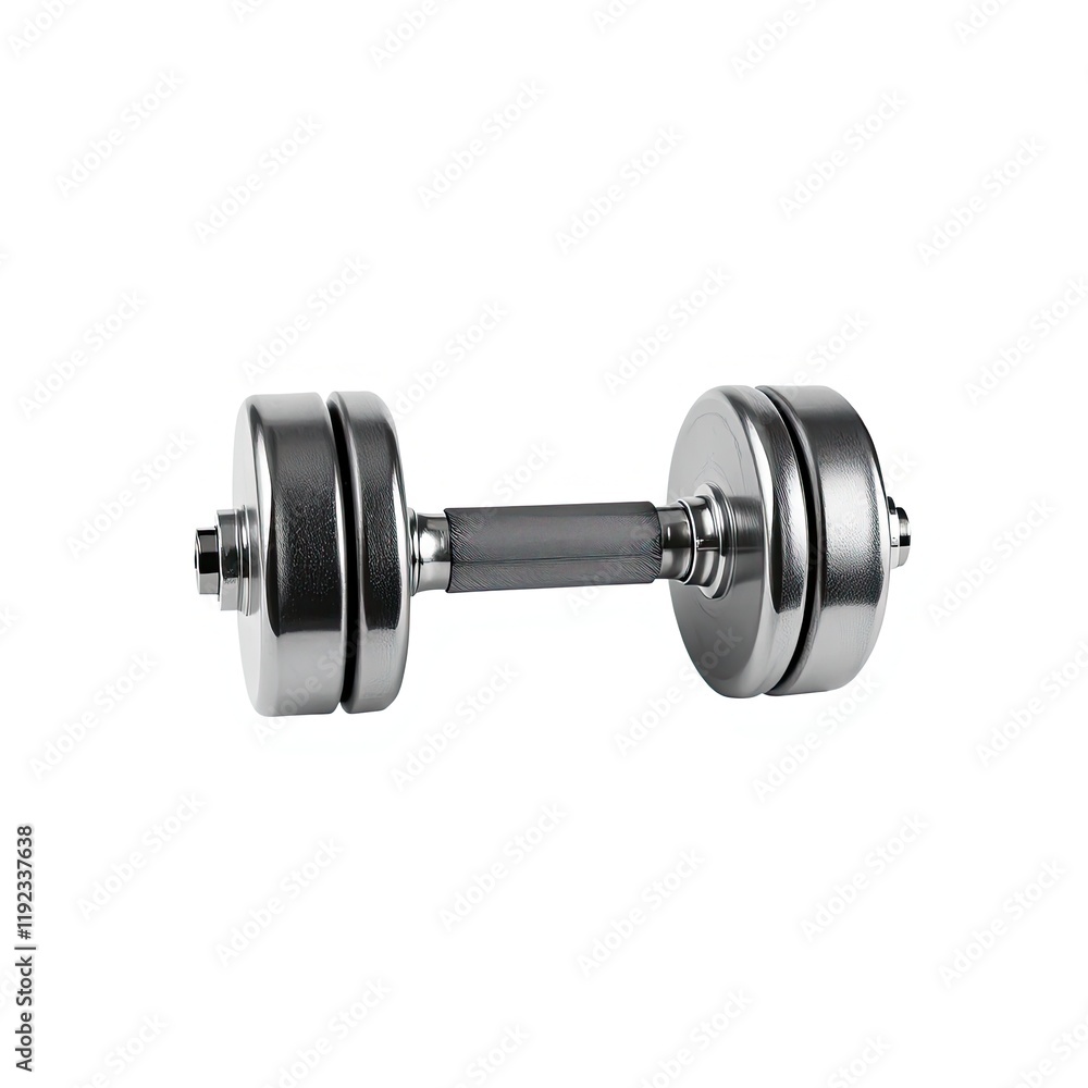 A metallic dumbbell rests on a white background A metallic dumbbell rests on a white background