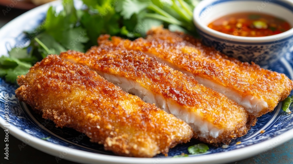 A close-up of fried seabass with a golden-brown crust, glistening with fish sauce, and accompanied by a small bowl of dipping sauce, highlighting its crispy texture A close-up of fried seabass with a golden-brown crust, glistening with fish sauce, and accompanied by a small bowl of dipping sauce, highlighting its crispy texture