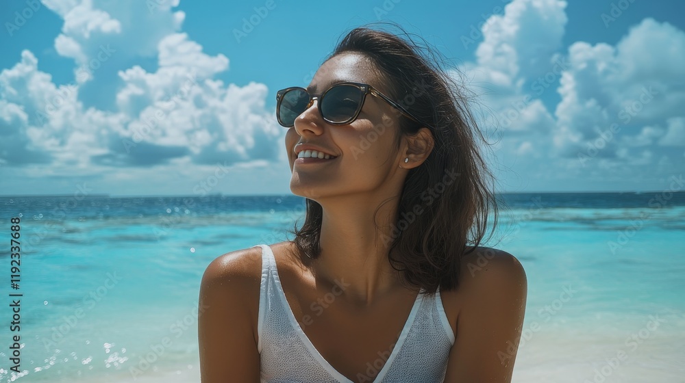 A woman delightfully experiencing a scenic vacation in the beautiful maldives islands A woman delightfully experiencing a scenic vacation in the beautiful maldives islands