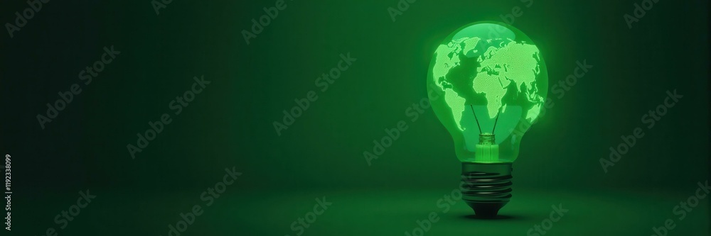 Light bulb with world map design in glowing green, energy concept.