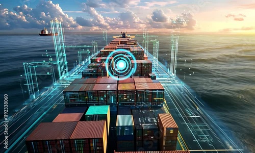 A futuristic cargo ship navigating through digital waters, showcasing advanced technology and shipping containers at sunset