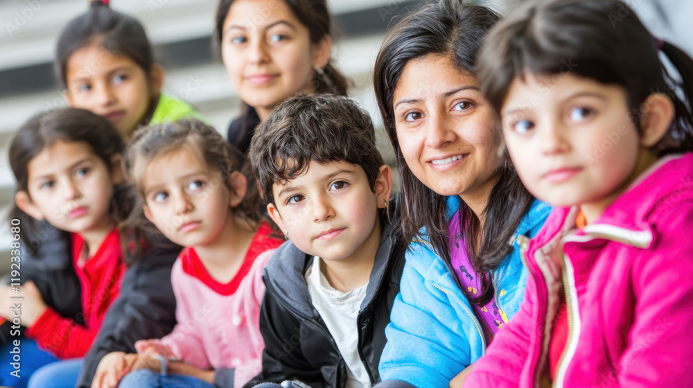 group of diverse children and woman sitting together indoors group of diverse children and woman sitting together indoors