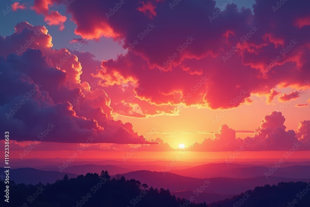 Naklejka premium Blazing orange and purple hues paint a wide, breathtaking sunset sky , beautiful, atmosphere, background