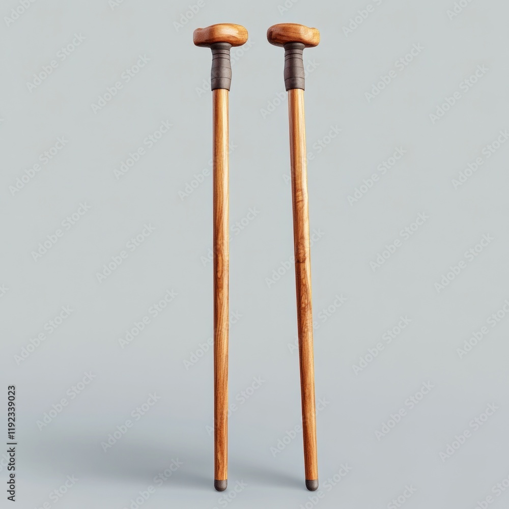 Pair of wooden walking sticks with dark gray tops. Pair of wooden walking sticks with dark gray tops.