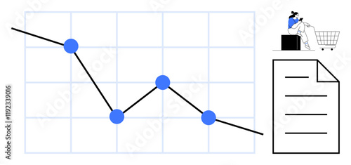 Declining line chart with blue data points, a person with a shopping cart, and a document. Ideal for business, sales reports, market analysis, economic downturn, financial review, consumer behavior