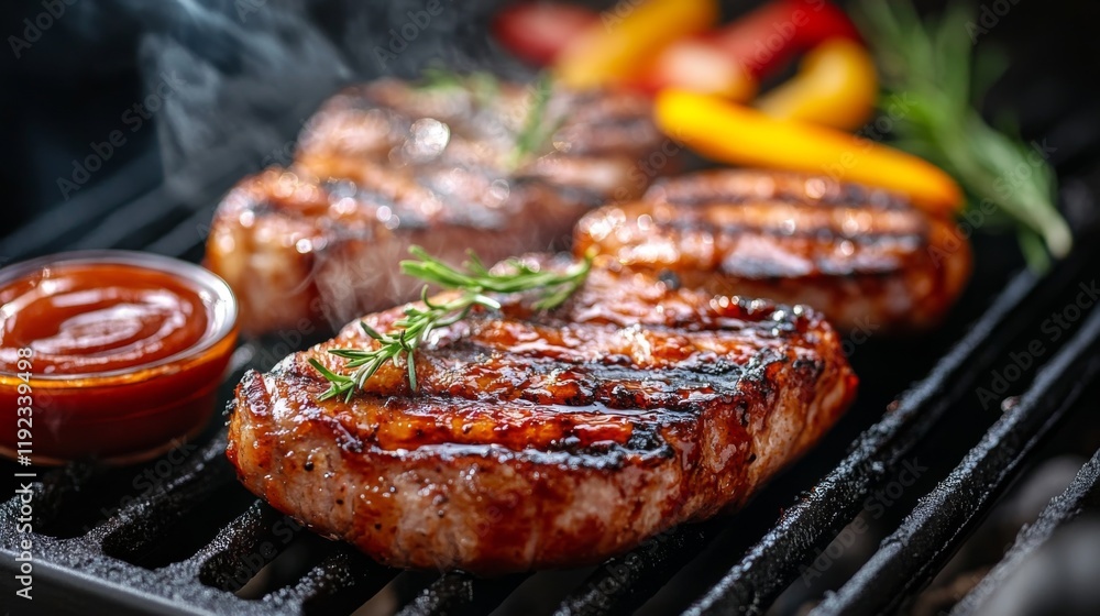 A close-up shot of BBQ pork sizzling on a grill, with juices and steam rising, accompanied by a side of dipping sauces and fresh vegetables A close-up shot of BBQ pork sizzling on a grill, with juices and steam rising, accompanied by a side of dipping sauces and fresh vegetables