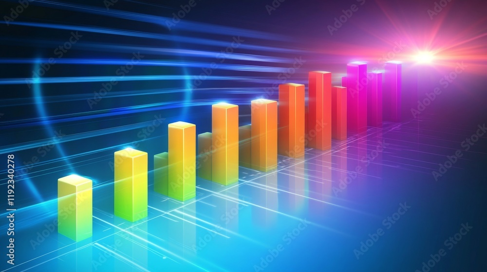 A colorful D bar graph with glowing, stacked bars, illustrating progress and data analysis in a vibrant, high-tech setting A colorful D bar graph with glowing, stacked bars, illustrating progress and data analysis in a vibrant, high-tech setting