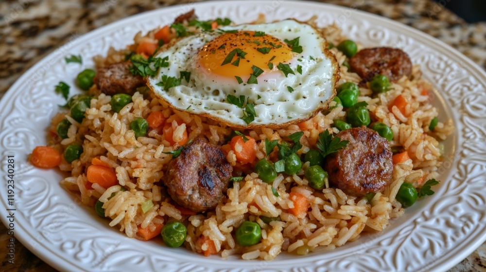 A colorful serving of American fried rice with chunks of sausage, peas, and carrots, garnished with a fried egg and fresh parsley on a white plate A colorful serving of American fried rice with chunks of sausage, peas, and carrots, garnished with a fried egg and fresh parsley on a white plate
