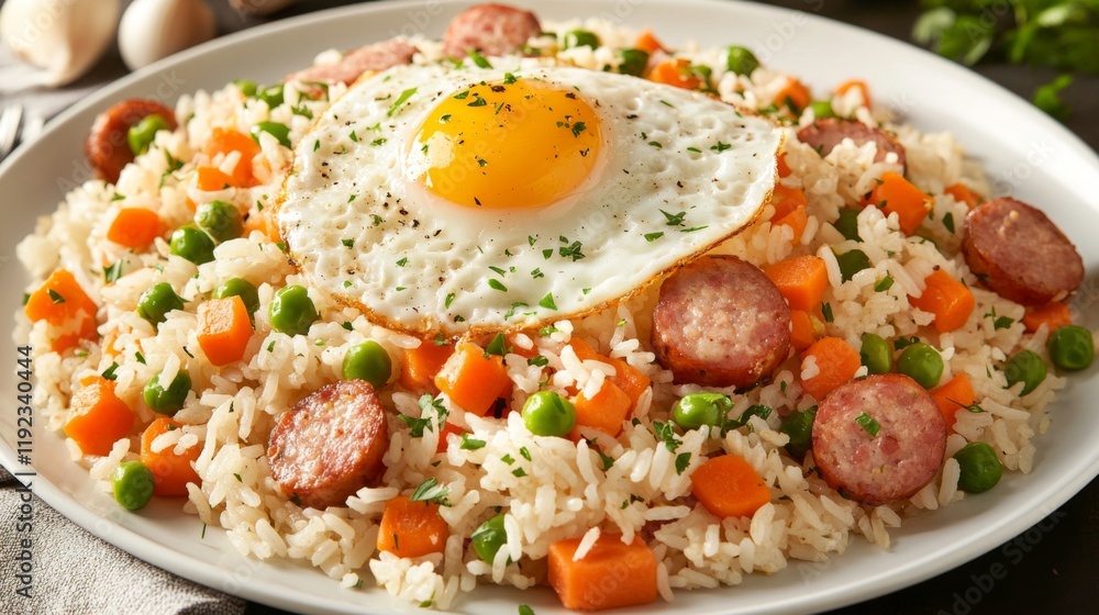 A colorful serving of American fried rice with chunks of sausage, peas, and carrots, garnished with a fried egg and fresh parsley on a white plate A colorful serving of American fried rice with chunks of sausage, peas, and carrots, garnished with a fried egg and fresh parsley on a white plate