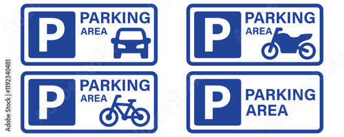 Parking area icon sign, car, motorcycle, bicycle parking area vector signboard isolated on white background.
