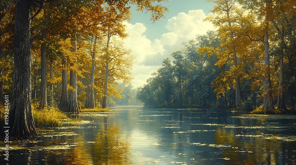 Fototapeta premium Peaceful Cypress Forest Calm River Reflection High-Resolution Scenic Nature Display Photo