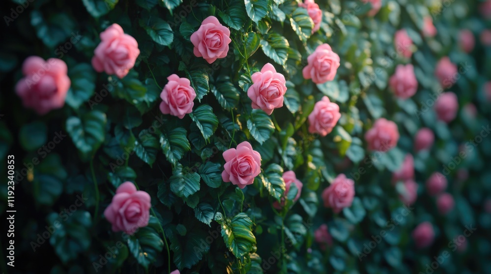 Fototapeta premium Vibrant pink roses bloom against lush green foliage