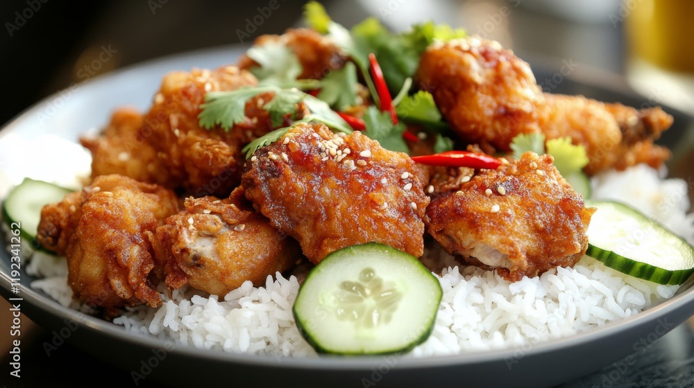 A delicious close-up of a plate with fried chicken and jasmine rice, garnished with slices of cucumber, chili, and cilantro, captured in a cozy, inviting atmosphere A delicious close-up of a plate with fried chicken and jasmine rice, garnished with slices of cucumber, chili, and cilantro, captured in a cozy, inviting atmosphere