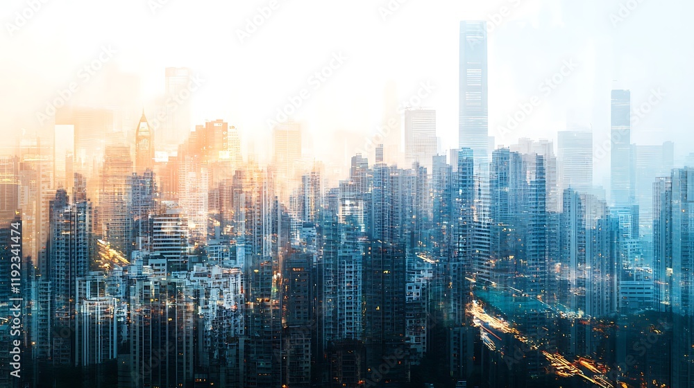 Sunrise over a dense cityscape with hazy skyscrapers and buildings. Sunrise over a dense cityscape with hazy skyscrapers and buildings.