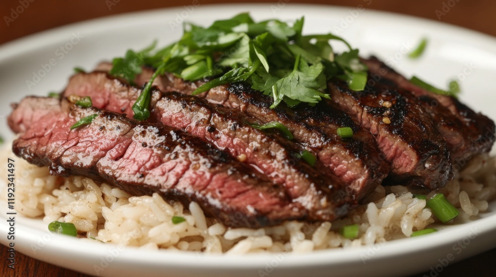 A delicious shot of beef slices over rice, with a rich, dark sauce and a garnish of fresh green onions and herbs, giving a rustic yet appetizing feel to the dish A delicious shot of beef slices over rice, with a rich, dark sauce and a garnish of fresh green onions and herbs, giving a rustic yet appetizing feel to the dish