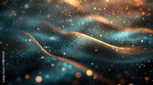 Shimmering dark sand dunes under warm light with glittering particles